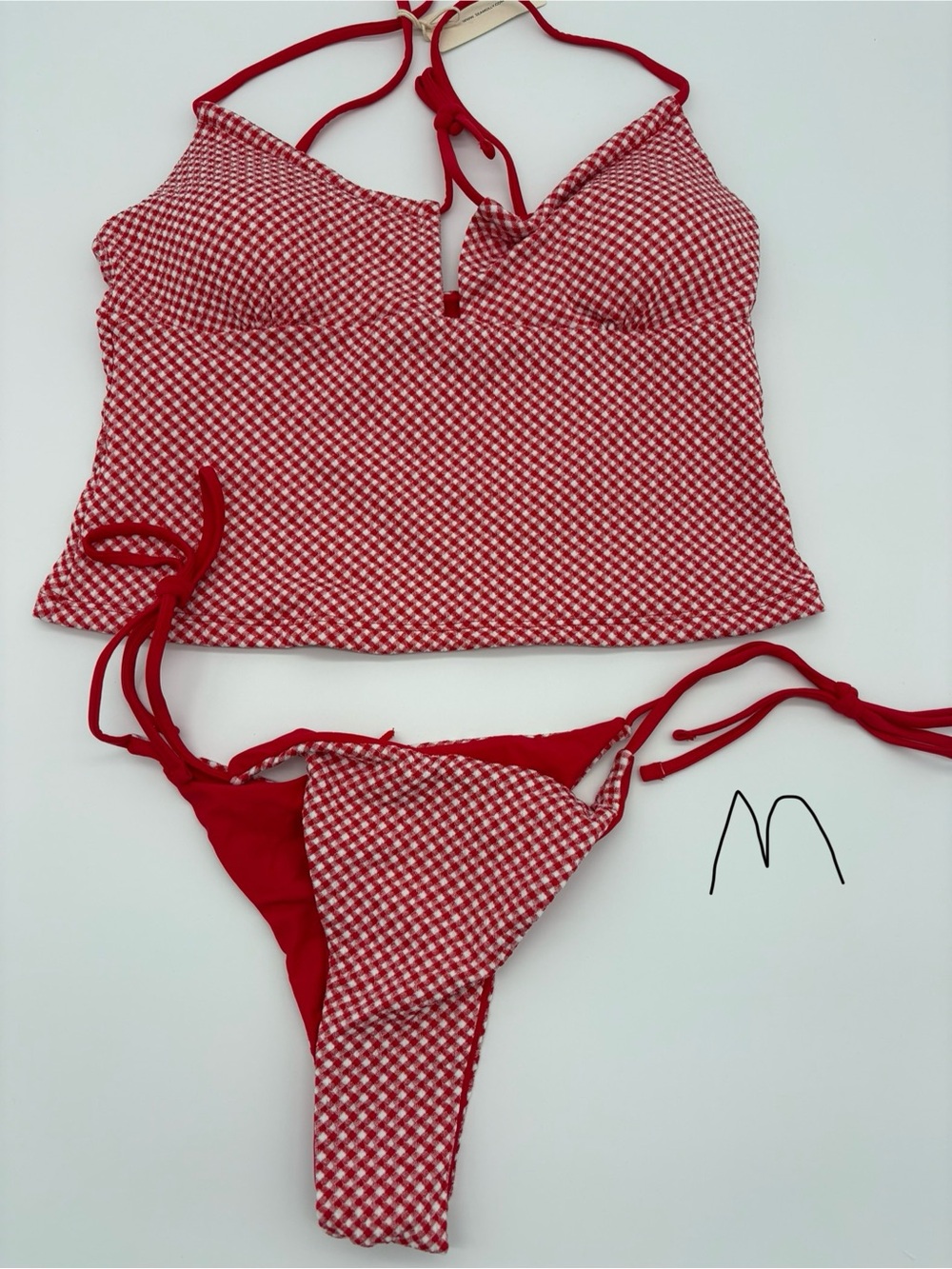 Red Gingham Tankini Top & Tie Bikini Bottom Set NWT